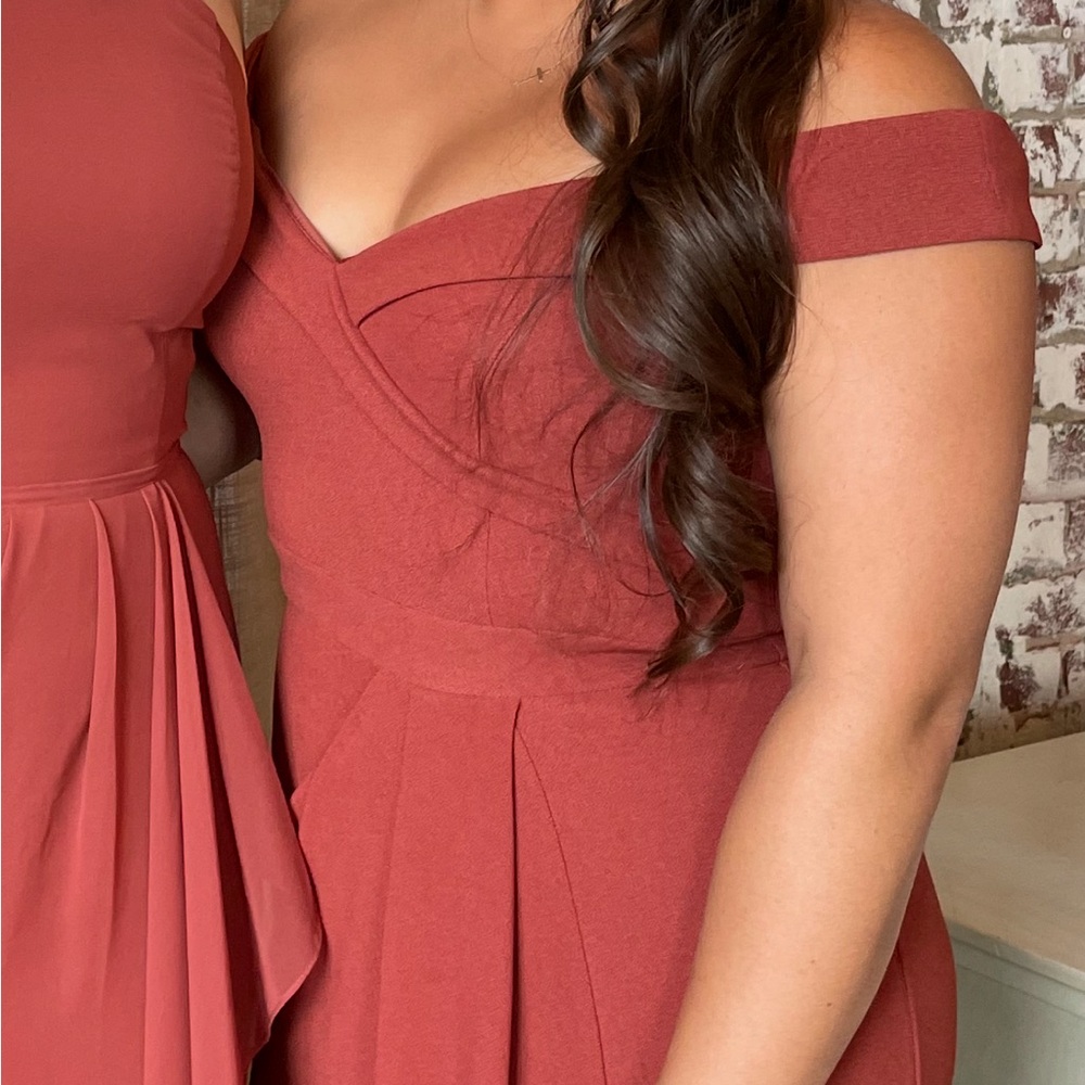 David’s Bridal Elegant Off-Shoulder Cinnamon Dress